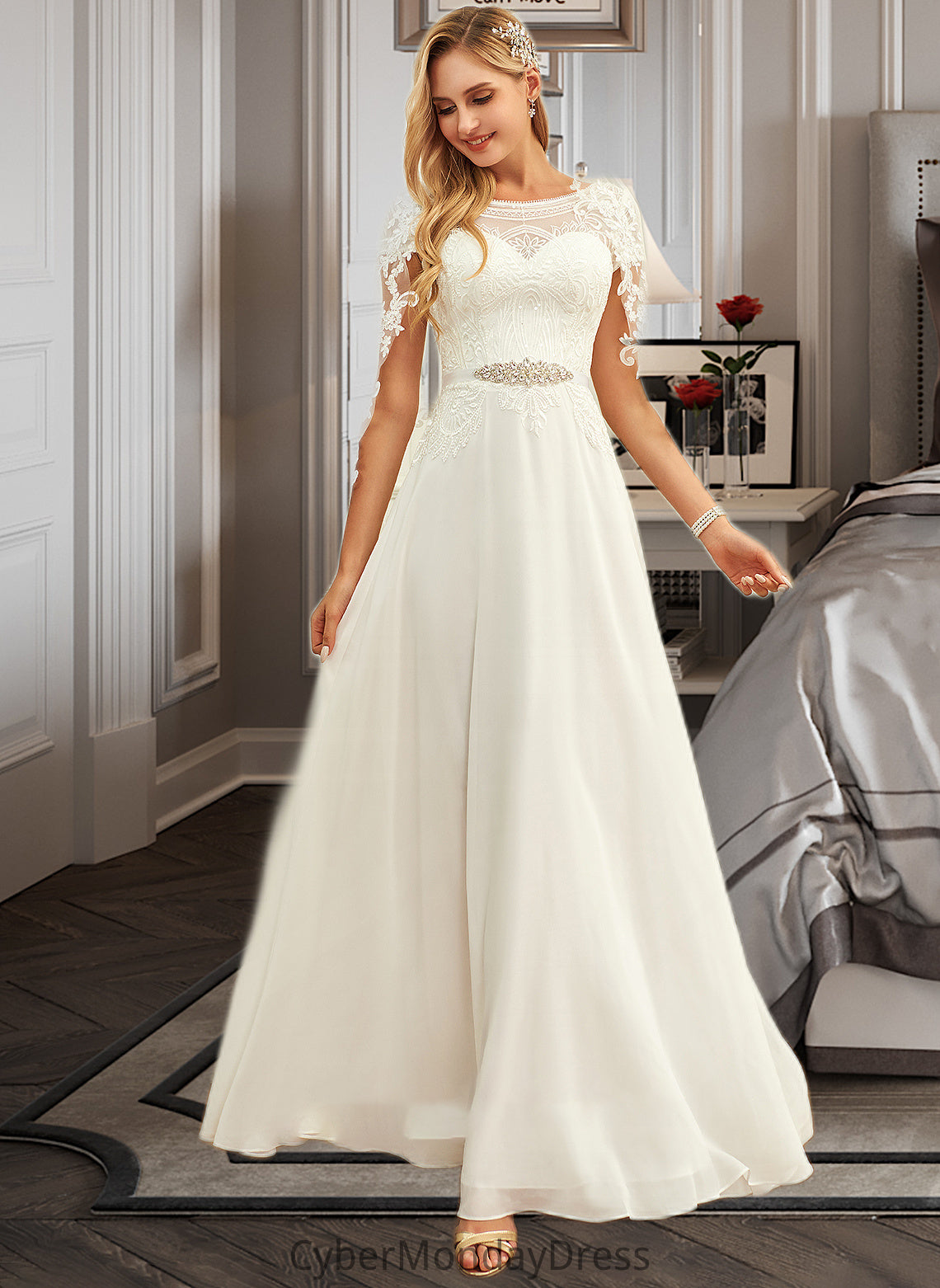 Bailey A-Line Scoop Neck Floor-Length Chiffon Lace Wedding Dress With Sequins DTP0013775