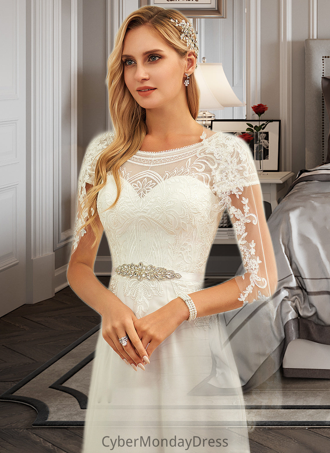 Bailey A-Line Scoop Neck Floor-Length Chiffon Lace Wedding Dress With Sequins DTP0013775