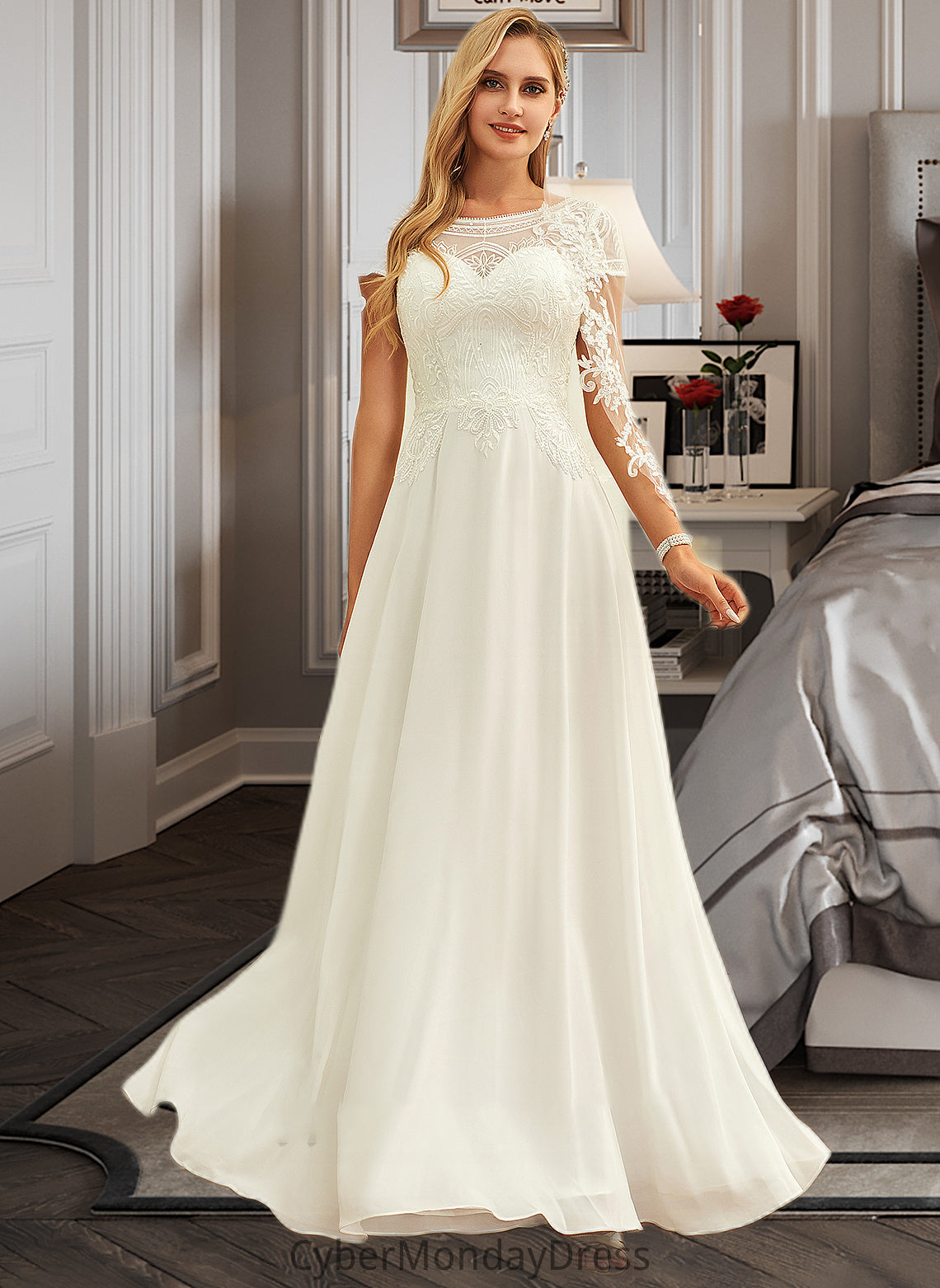 Bailey A-Line Scoop Neck Floor-Length Chiffon Lace Wedding Dress With Sequins DTP0013775