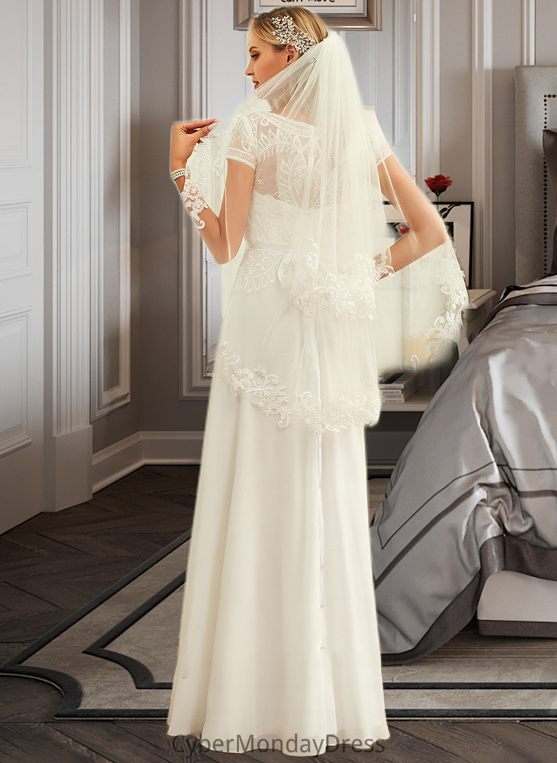 Bailey A-Line Scoop Neck Floor-Length Chiffon Lace Wedding Dress With Sequins DTP0013775