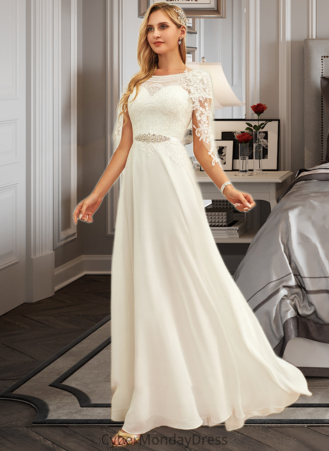 Bailey A-Line Scoop Neck Floor-Length Chiffon Lace Wedding Dress With Sequins DTP0013775