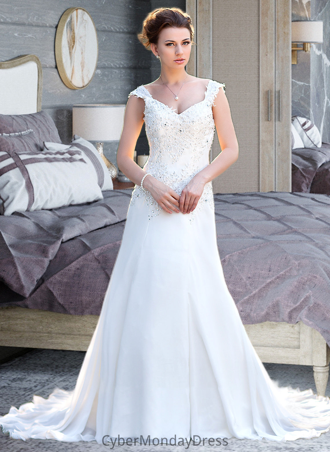 Keira A-Line V-neck Court Train Chiffon Wedding Dress With Lace Beading Sequins DTP0013776