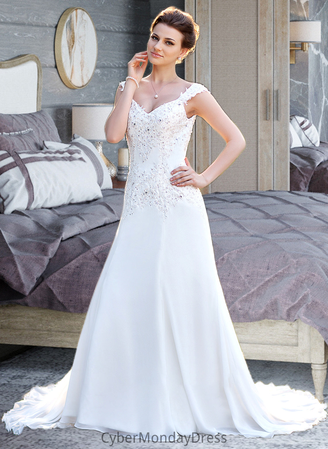 Keira A-Line V-neck Court Train Chiffon Wedding Dress With Lace Beading Sequins DTP0013776