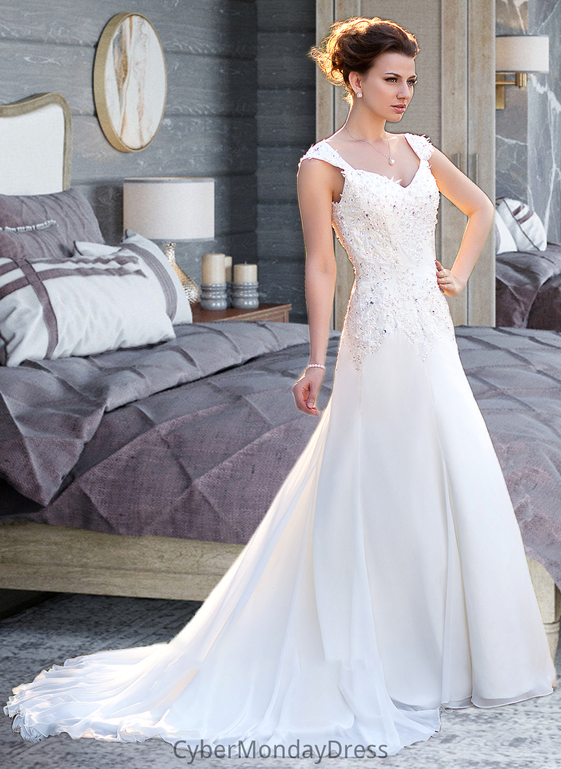 Keira A-Line V-neck Court Train Chiffon Wedding Dress With Lace Beading Sequins DTP0013776