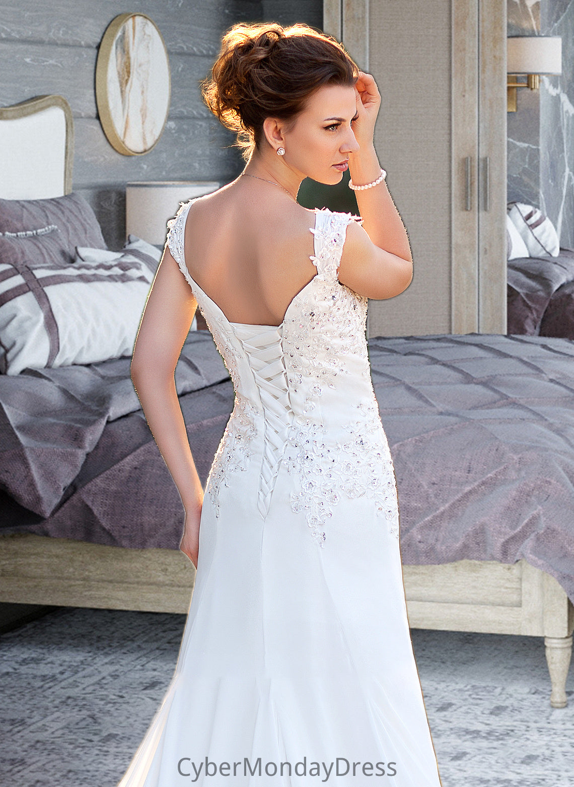 Keira A-Line V-neck Court Train Chiffon Wedding Dress With Lace Beading Sequins DTP0013776