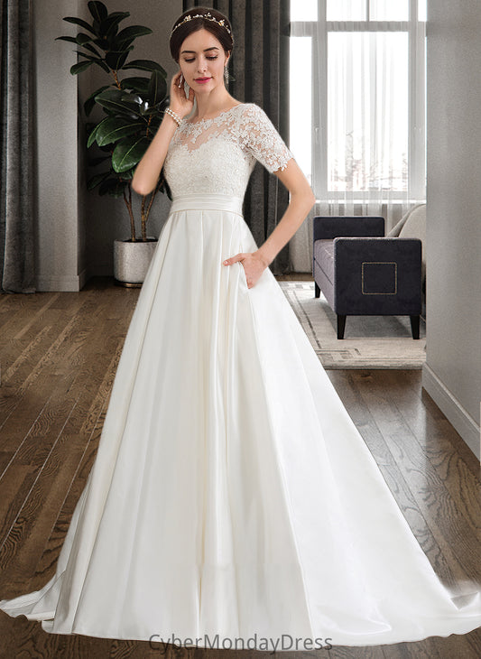 Rosalie Ball-Gown/Princess Scoop Neck Court Train Satin Wedding Dress With Beading Sequins Pockets DTP0013777