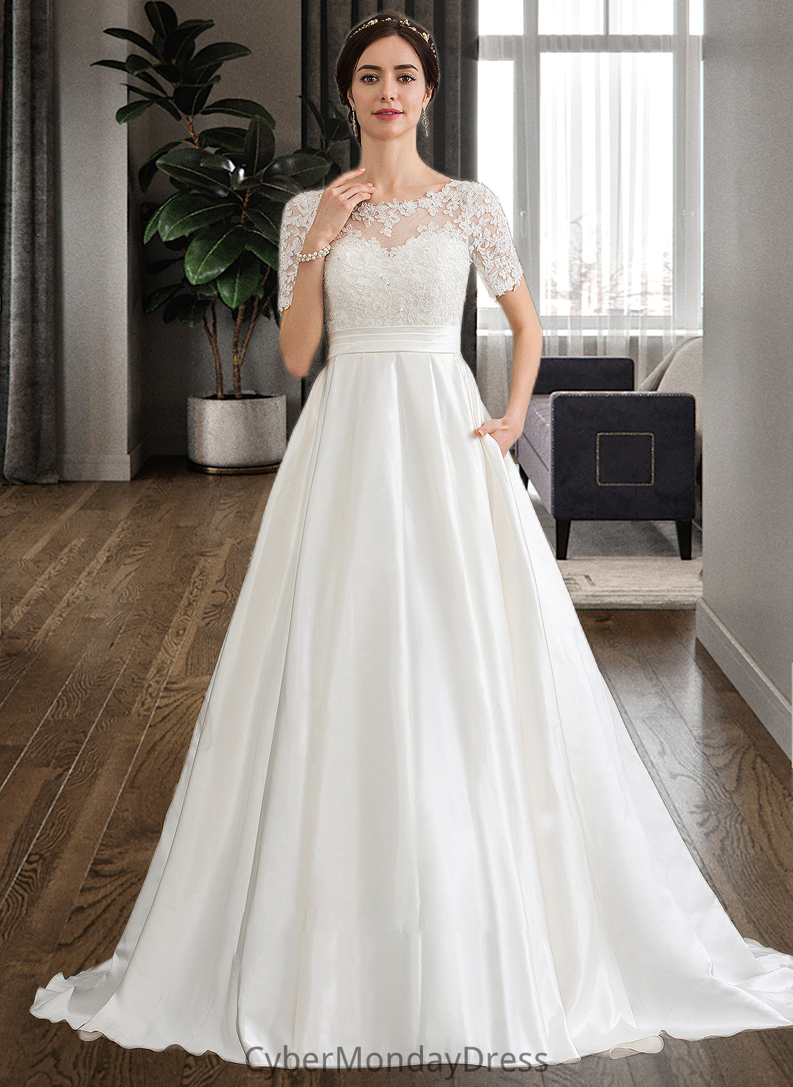 Rosalie Ball-Gown/Princess Scoop Neck Court Train Satin Wedding Dress With Beading Sequins Pockets DTP0013777