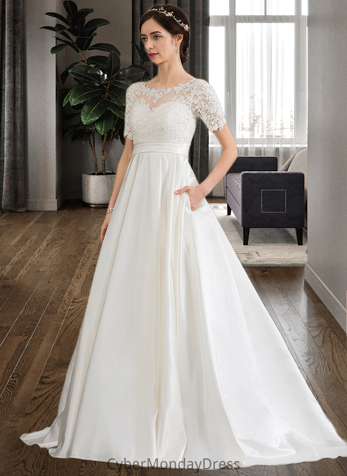 Rosalie Ball-Gown/Princess Scoop Neck Court Train Satin Wedding Dress With Beading Sequins Pockets DTP0013777