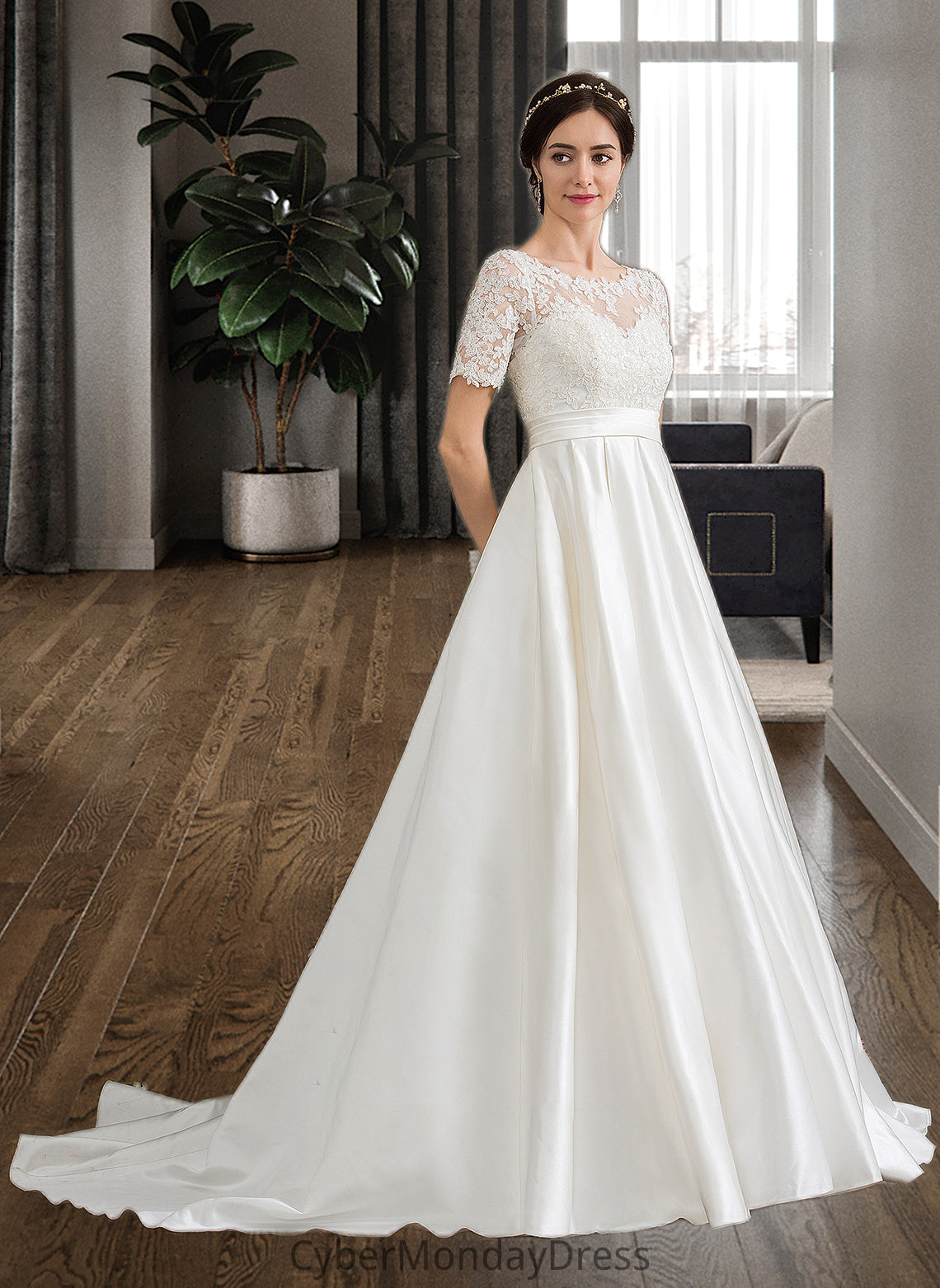 Rosalie Ball-Gown/Princess Scoop Neck Court Train Satin Wedding Dress With Beading Sequins Pockets DTP0013777