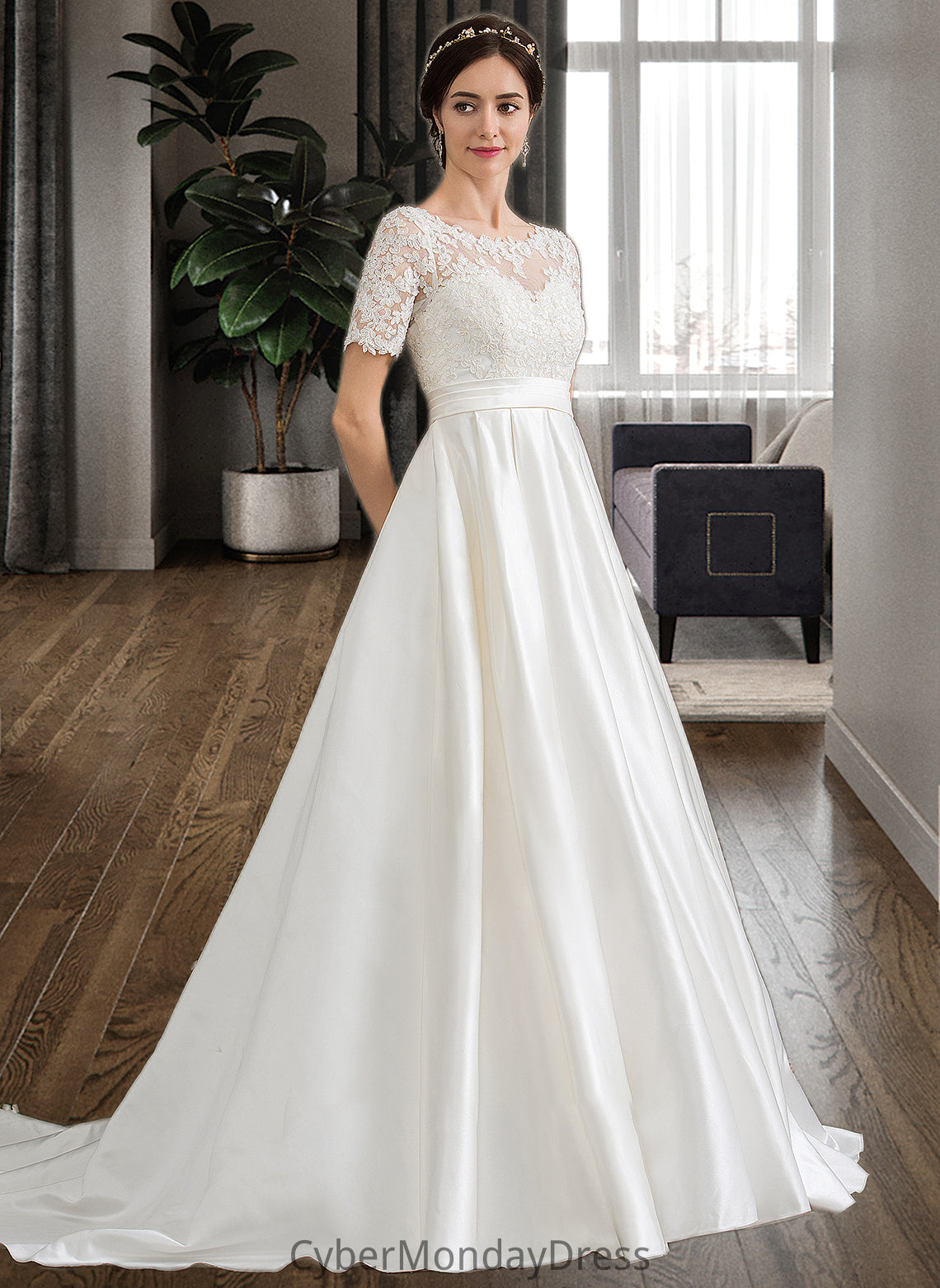 Rosalie Ball-Gown/Princess Scoop Neck Court Train Satin Wedding Dress With Beading Sequins Pockets DTP0013777