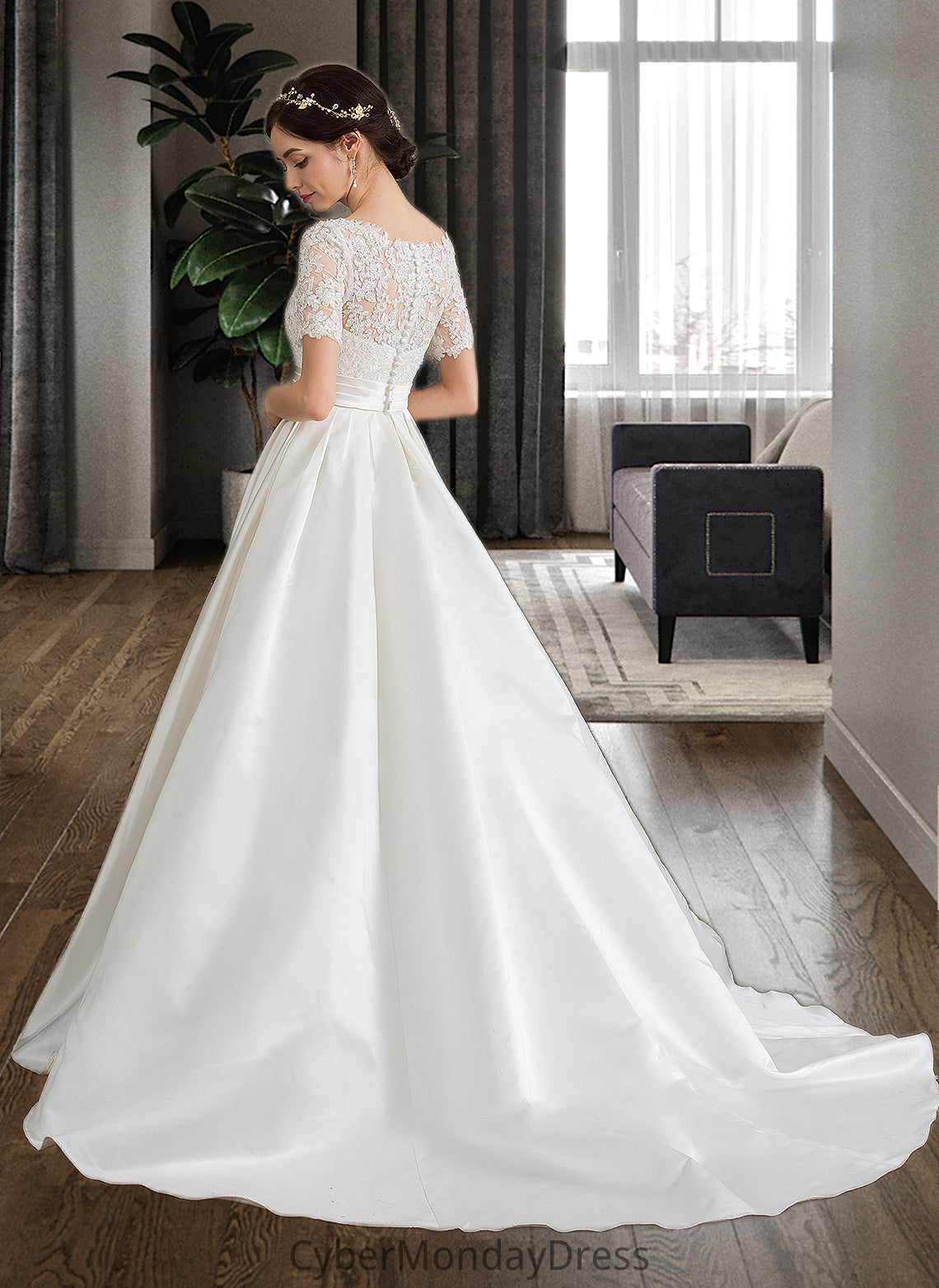 Rosalie Ball-Gown/Princess Scoop Neck Court Train Satin Wedding Dress With Beading Sequins Pockets DTP0013777