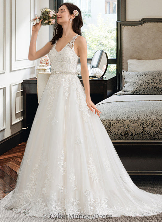 Anne Ball-Gown/Princess V-neck Court Train Tulle Wedding Dress With Beading Sequins DTP0013779