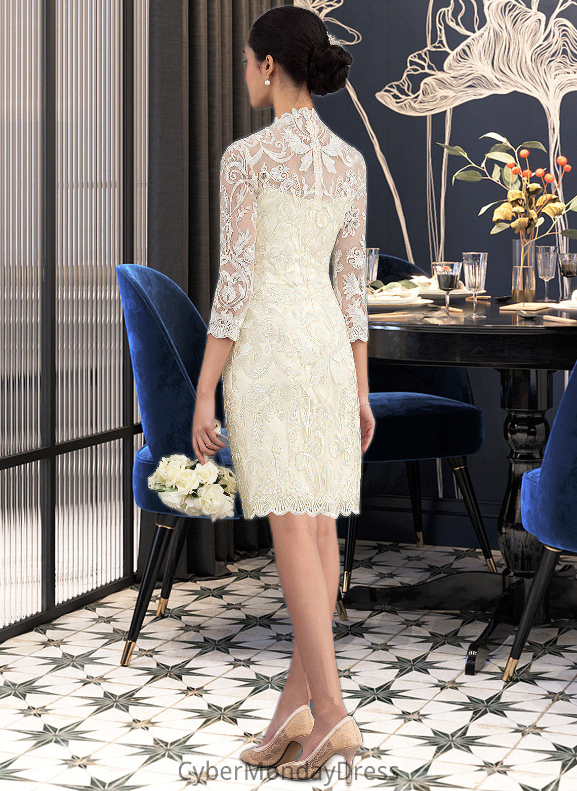 Marely Sheath/Column High Neck Knee-Length Lace Wedding Dress DTP0013781