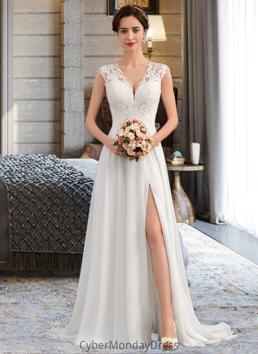 Mariam A-Line V-neck Sweep Train Chiffon Wedding Dress With Split Front DTP0013782