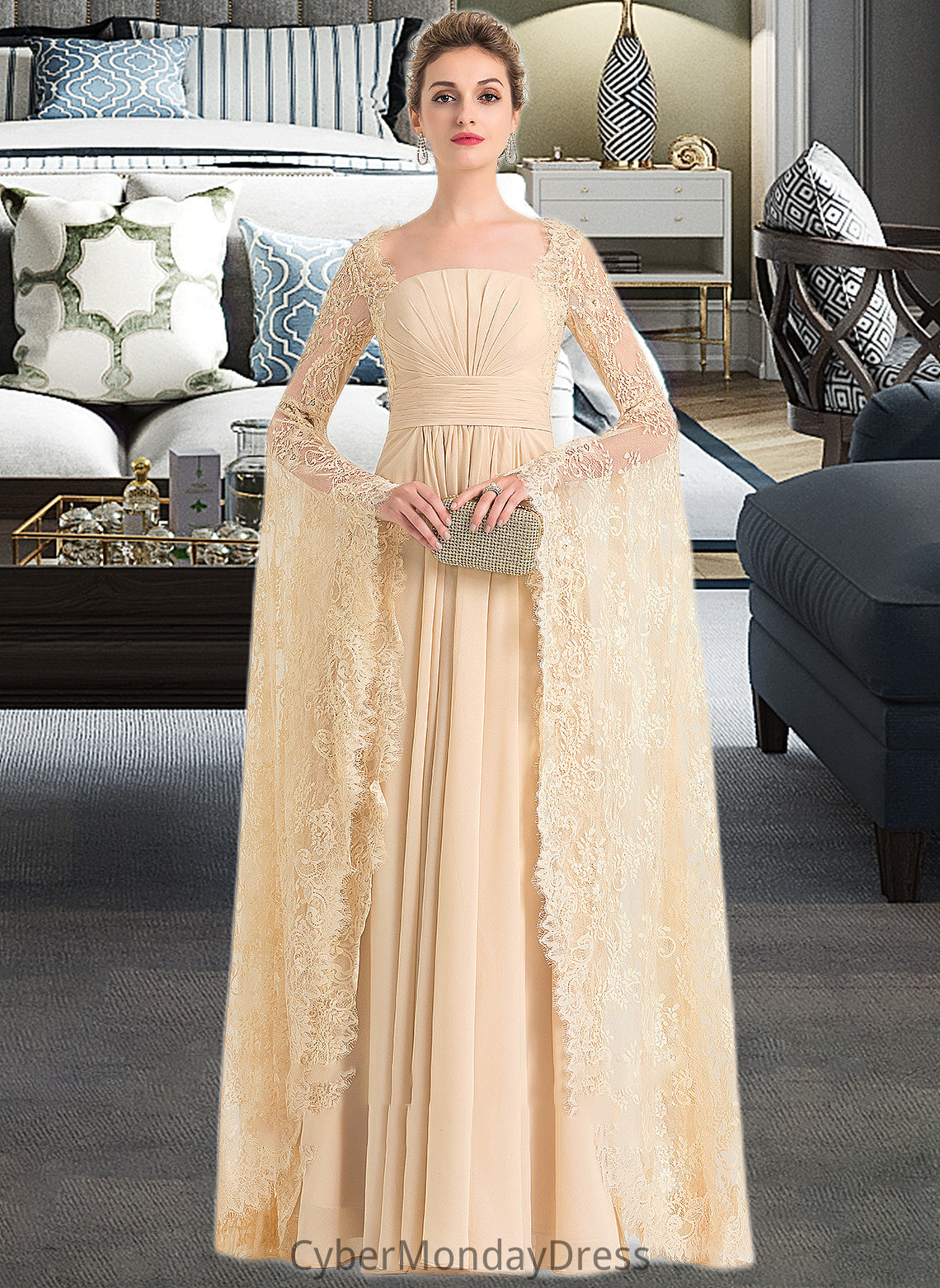 Arianna A-Line Square Neckline Floor-Length Chiffon Wedding Dress With Ruffle Beading DTP0013783