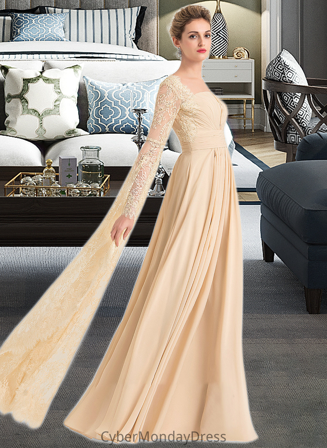 Arianna A-Line Square Neckline Floor-Length Chiffon Wedding Dress With Ruffle Beading DTP0013783