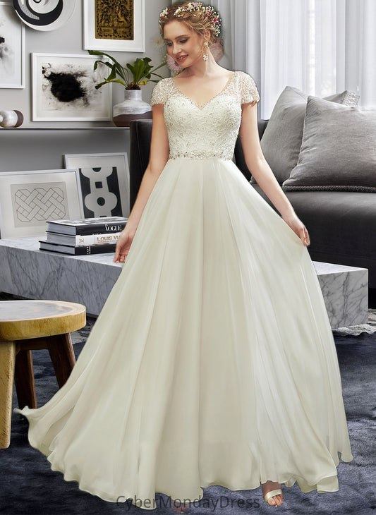 Carmen A-Line V-neck Floor-Length Wedding Dress With Lace Beading Sequins DTP0013784