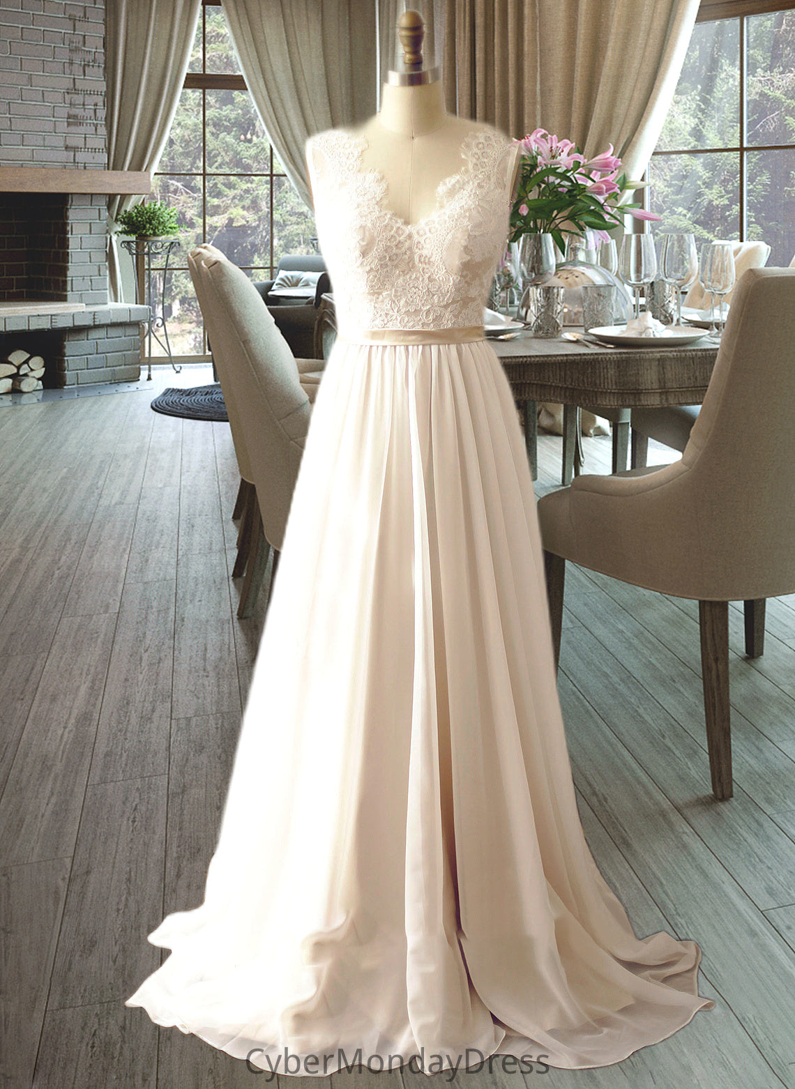 Kamari A-Line V-neck Court Train Chiffon Wedding Dress DTP0013785