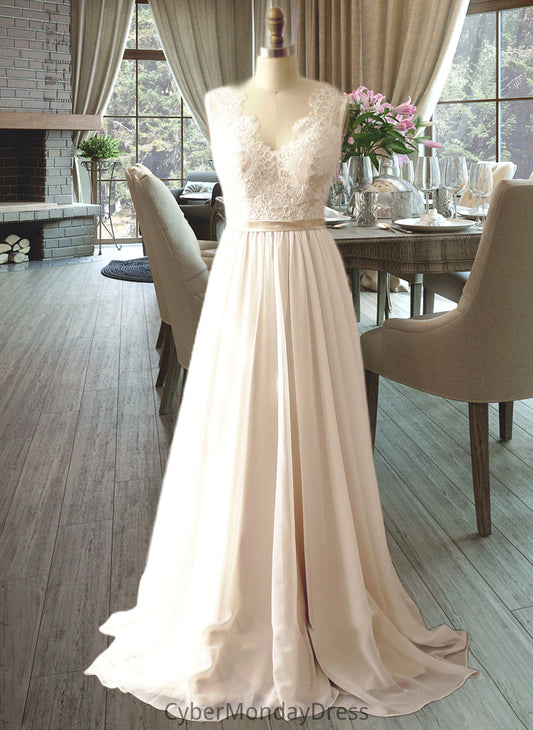 Kamari A-Line V-neck Court Train Chiffon Wedding Dress DTP0013785