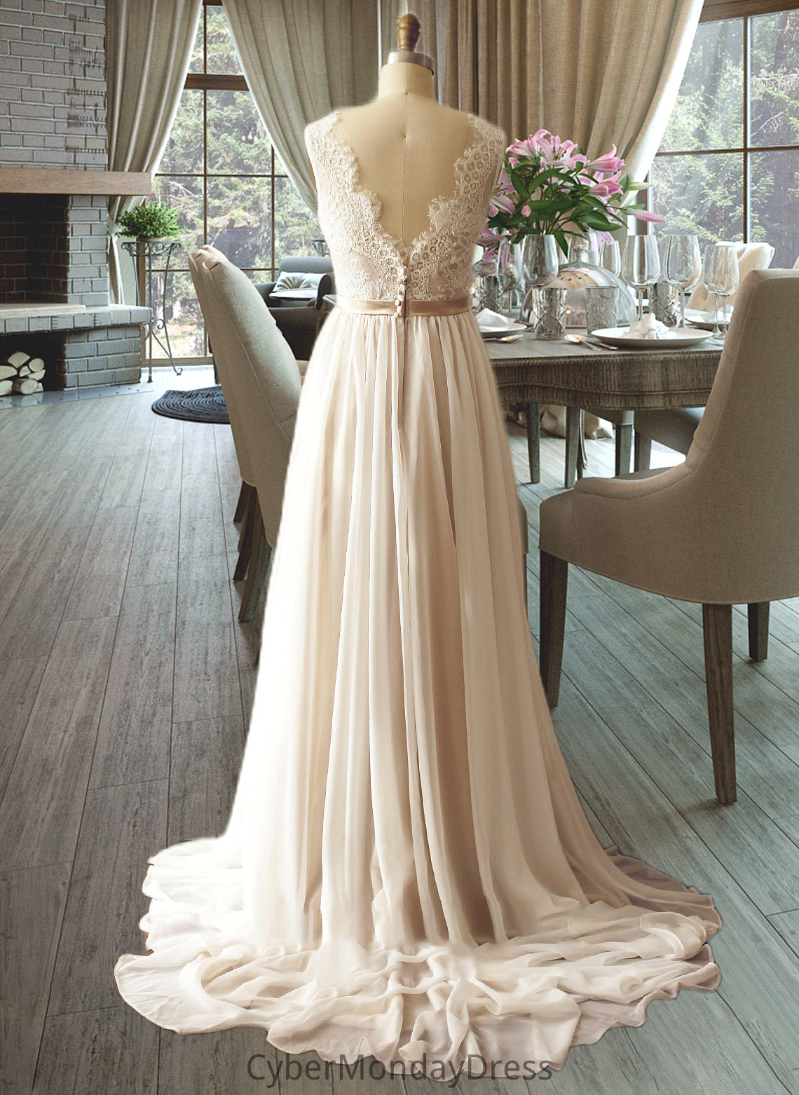 Kamari A-Line V-neck Court Train Chiffon Wedding Dress DTP0013785