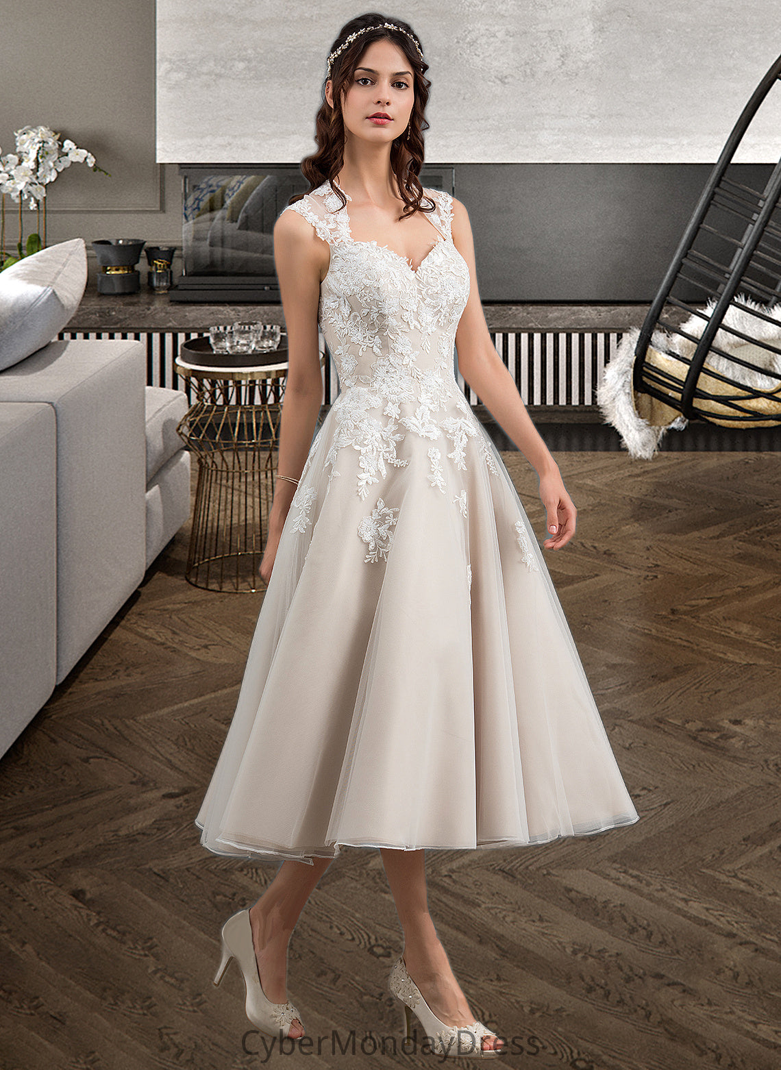 Nathaly Ball-Gown/Princess Sweetheart Tea-Length Tulle Wedding Dress With Sequins DTP0013791