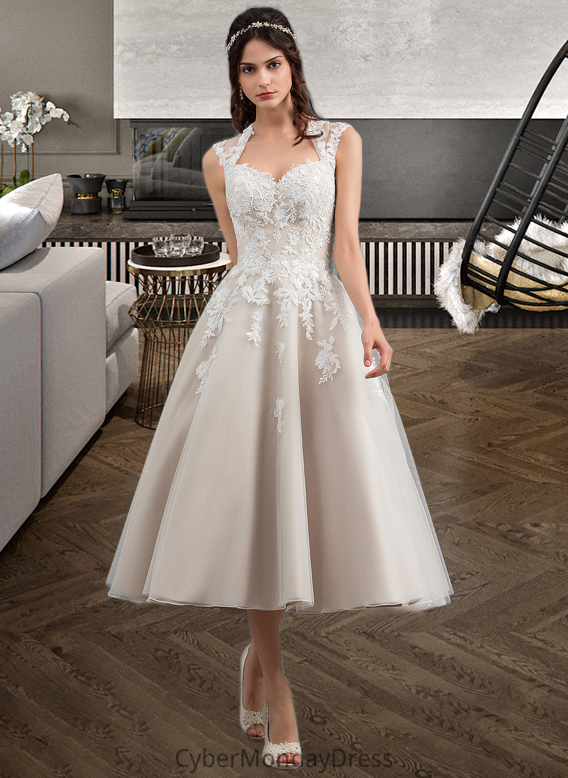 Nathaly Ball-Gown/Princess Sweetheart Tea-Length Tulle Wedding Dress With Sequins DTP0013791