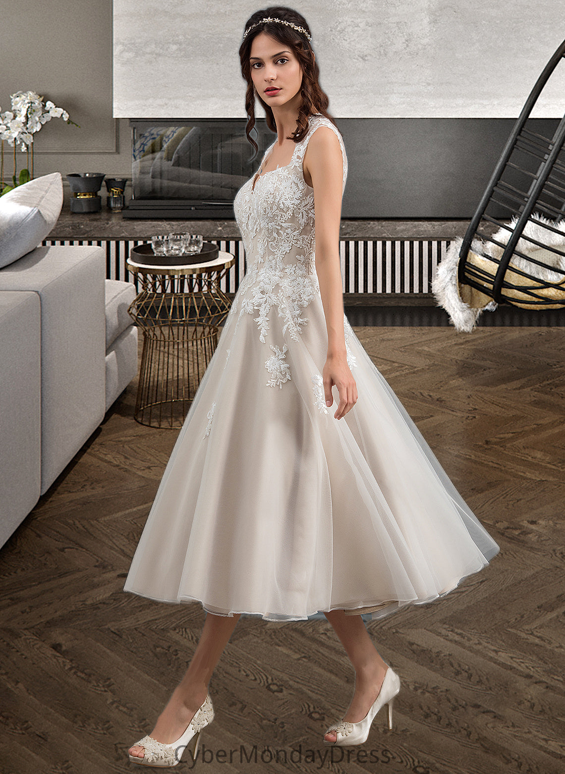 Nathaly Ball-Gown/Princess Sweetheart Tea-Length Tulle Wedding Dress With Sequins DTP0013791