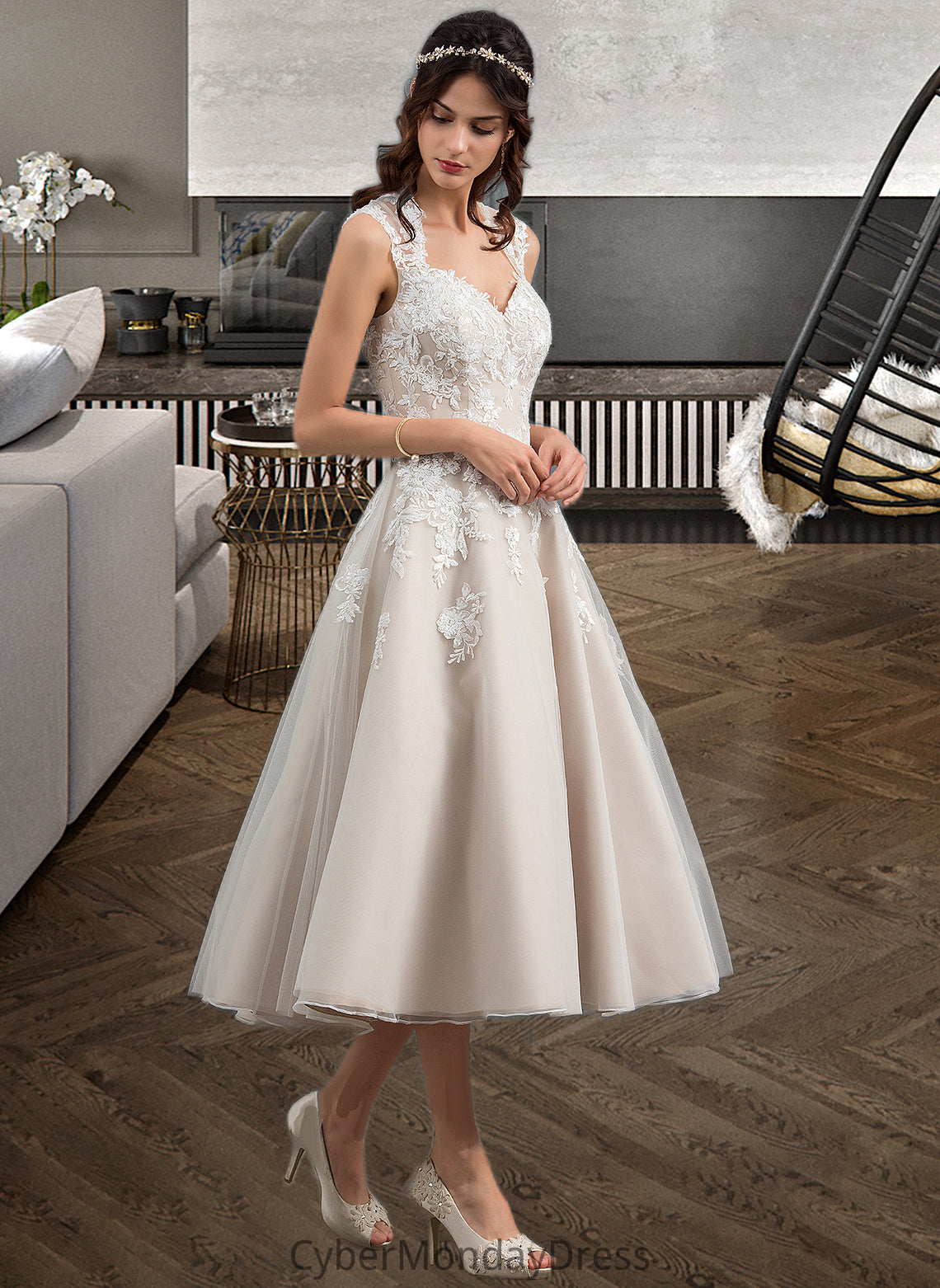 Nathaly Ball-Gown/Princess Sweetheart Tea-Length Tulle Wedding Dress With Sequins DTP0013791