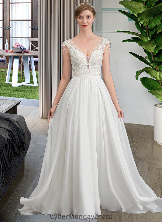 Kaylyn A-Line V-neck Sweep Train Chiffon Wedding Dress With Beading Sequins DTP0013792