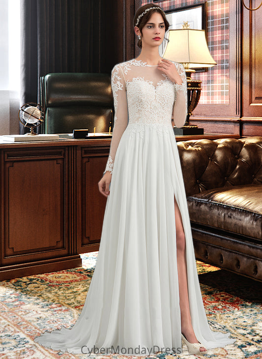 Fiona A-Line Illusion Sweep Train Chiffon Wedding Dress With Appliques Lace Split Front DTP0013793