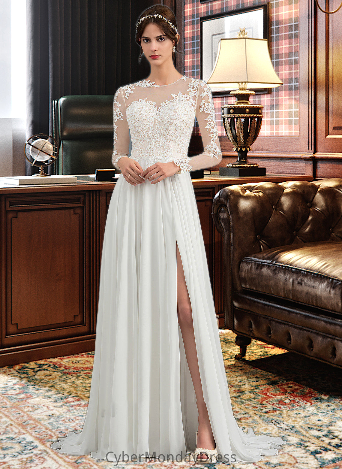 Fiona A-Line Illusion Sweep Train Chiffon Wedding Dress With Appliques Lace Split Front DTP0013793