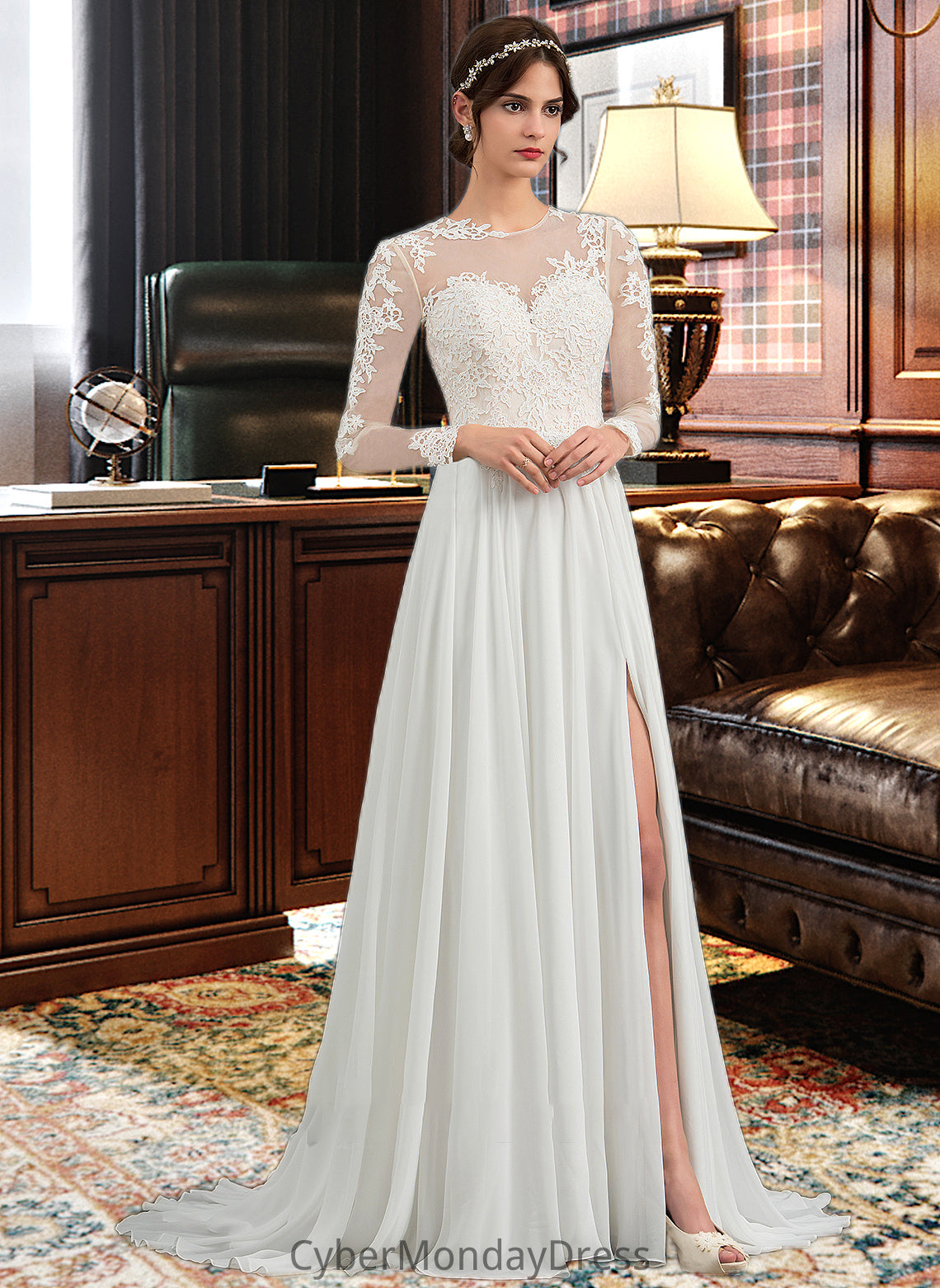 Fiona A-Line Illusion Sweep Train Chiffon Wedding Dress With Appliques Lace Split Front DTP0013793