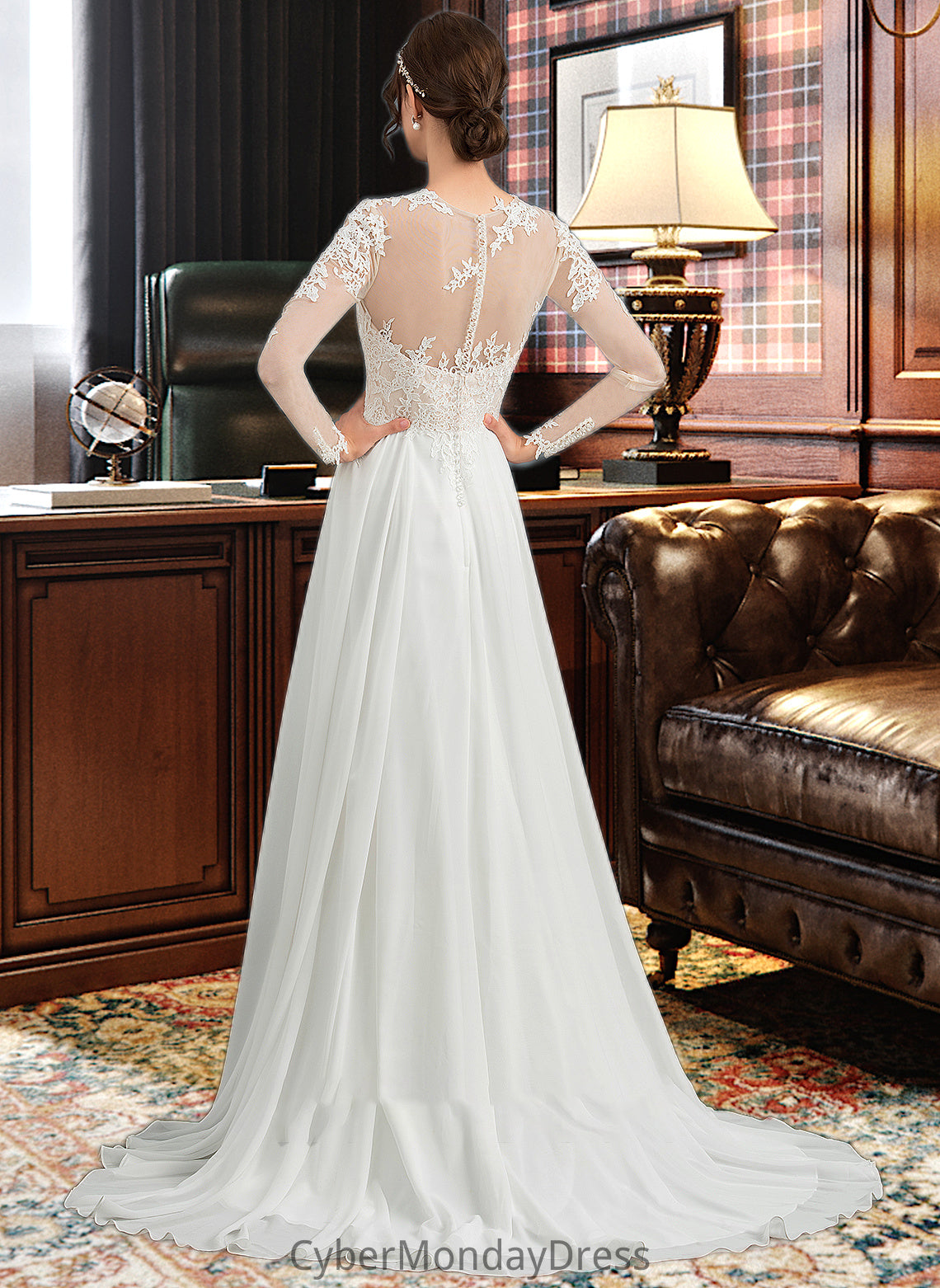 Fiona A-Line Illusion Sweep Train Chiffon Wedding Dress With Appliques Lace Split Front DTP0013793