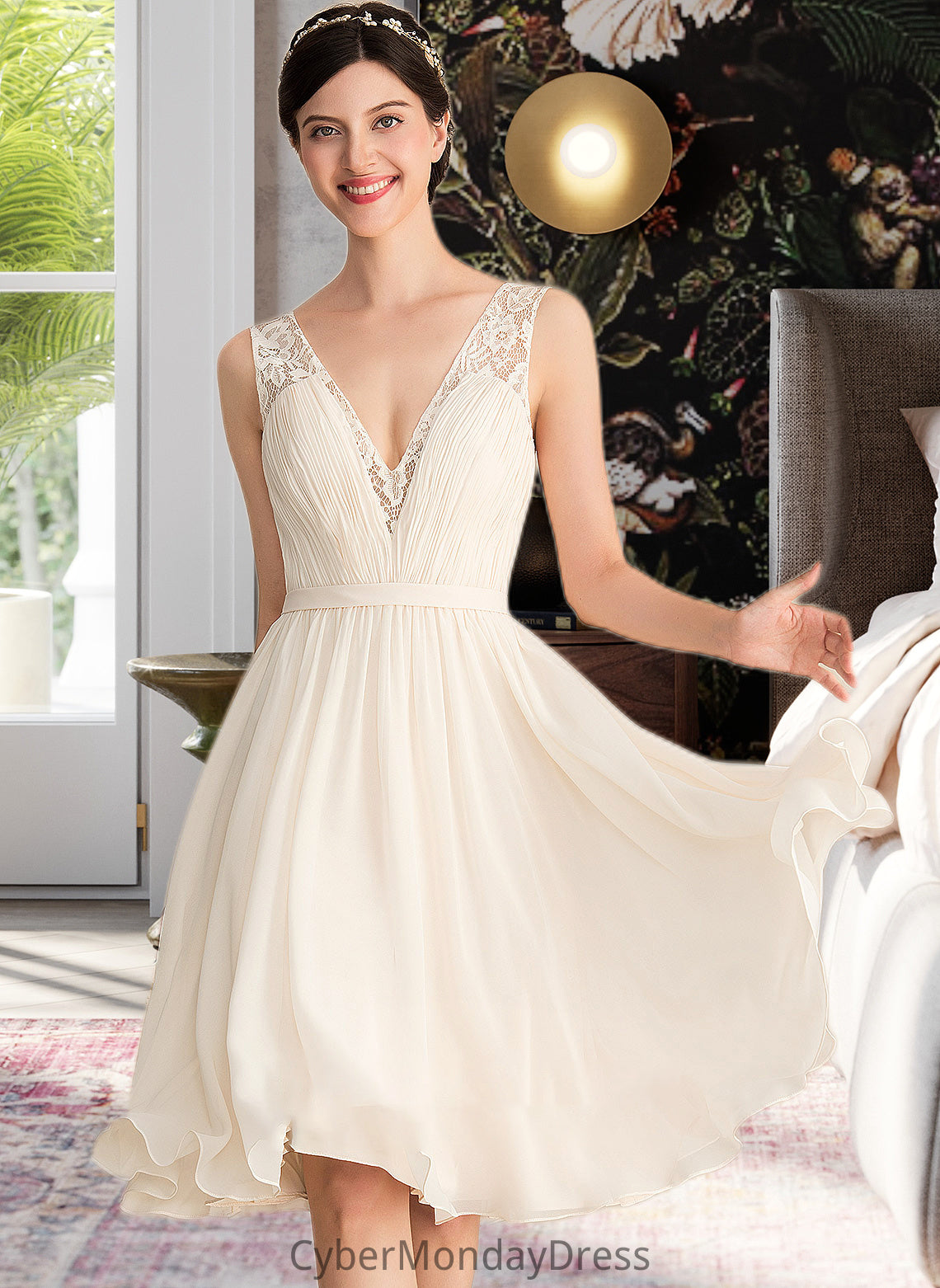 Dixie A-Line V-neck Knee-Length Chiffon Lace Wedding Dress With Ruffle DTP0013794