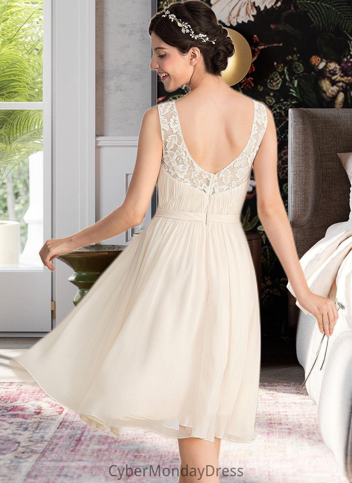 Dixie A-Line V-neck Knee-Length Chiffon Lace Wedding Dress With Ruffle DTP0013794