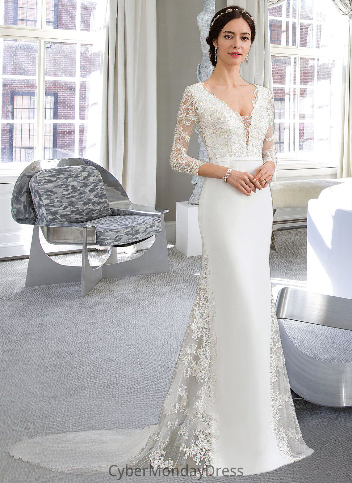 Larissa Trumpet/Mermaid V-neck Chapel Train Chiffon Wedding Dress With Beading Sequins DTP0013795