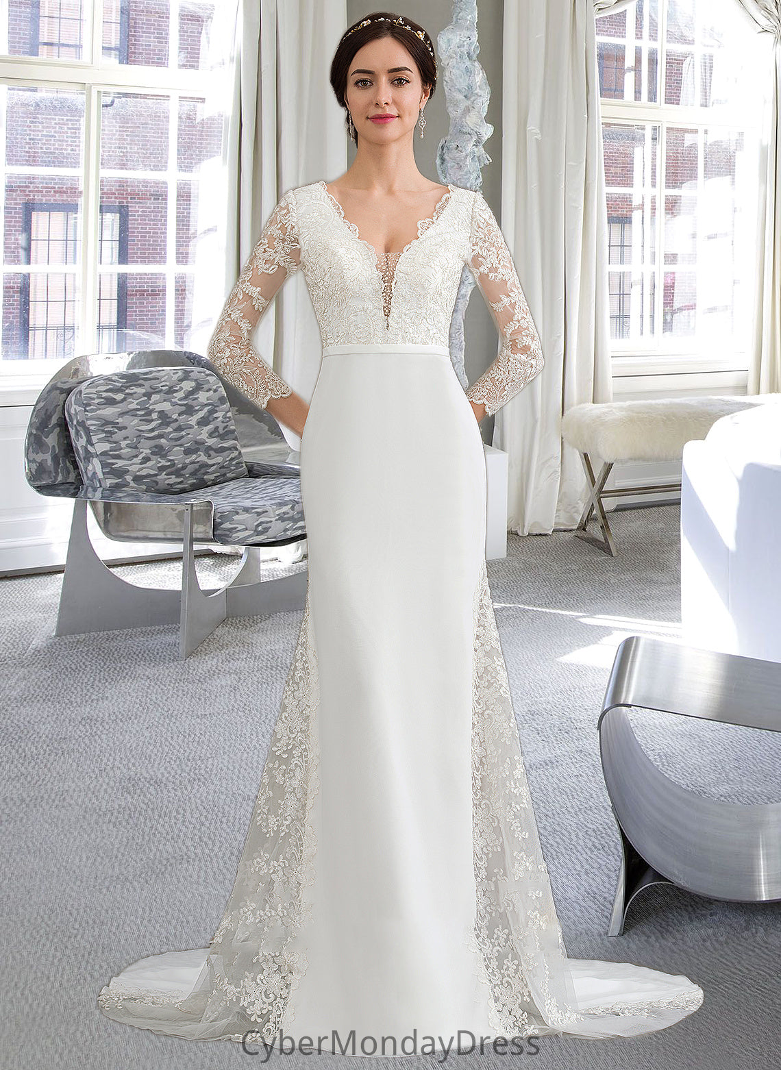 Larissa Trumpet/Mermaid V-neck Chapel Train Chiffon Wedding Dress With Beading Sequins DTP0013795