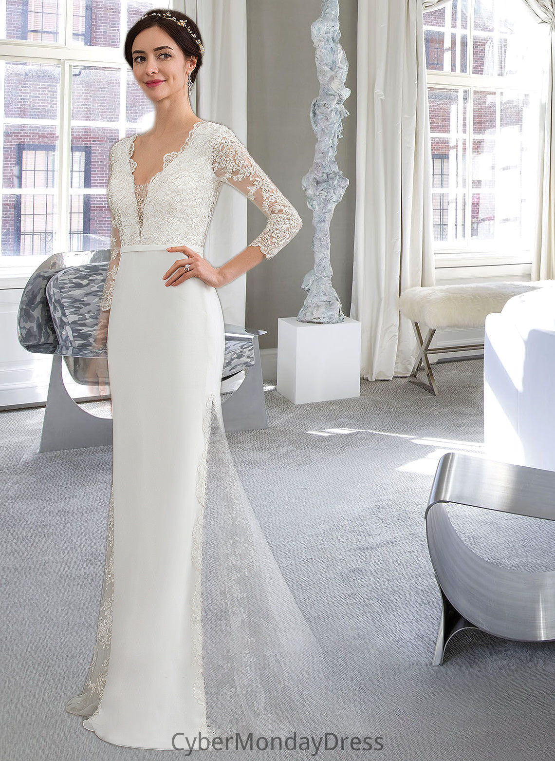 Larissa Trumpet/Mermaid V-neck Chapel Train Chiffon Wedding Dress With Beading Sequins DTP0013795