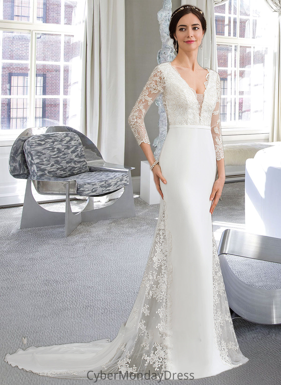 Larissa Trumpet/Mermaid V-neck Chapel Train Chiffon Wedding Dress With Beading Sequins DTP0013795