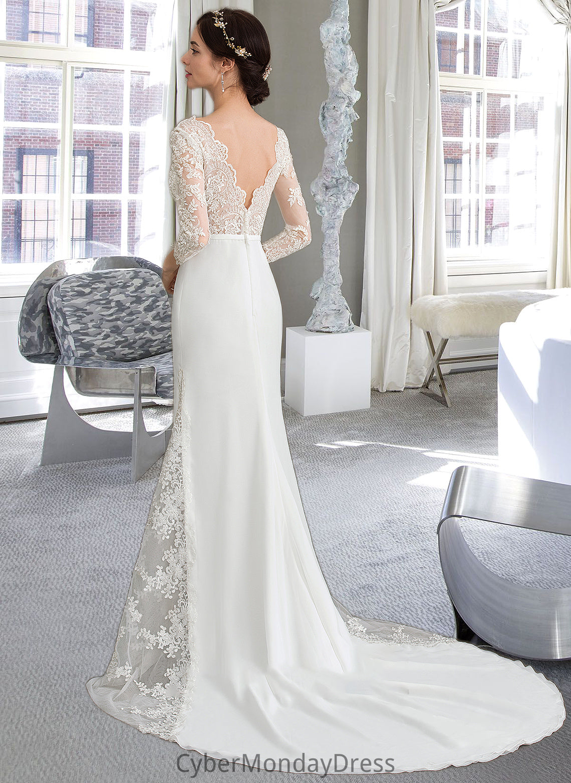 Larissa Trumpet/Mermaid V-neck Chapel Train Chiffon Wedding Dress With Beading Sequins DTP0013795