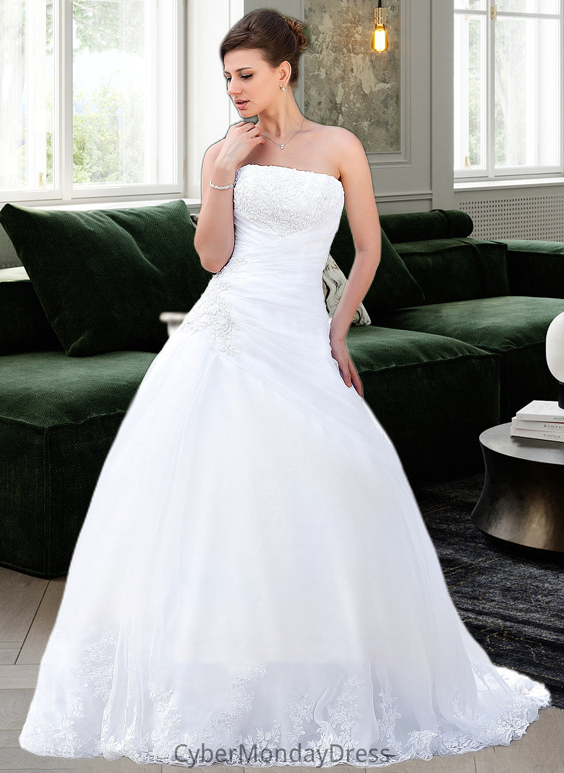 Shyanne Ball-Gown/Princess Strapless Chapel Train Satin Organza Wedding Dress With Lace Beading DTP0013796