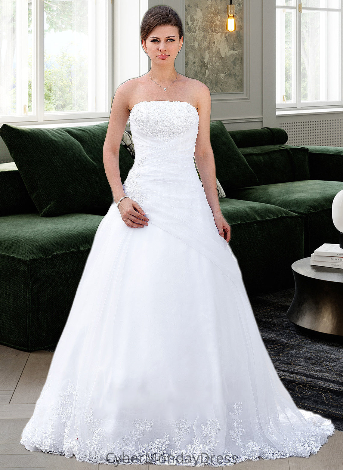 Shyanne Ball-Gown/Princess Strapless Chapel Train Satin Organza Wedding Dress With Lace Beading DTP0013796