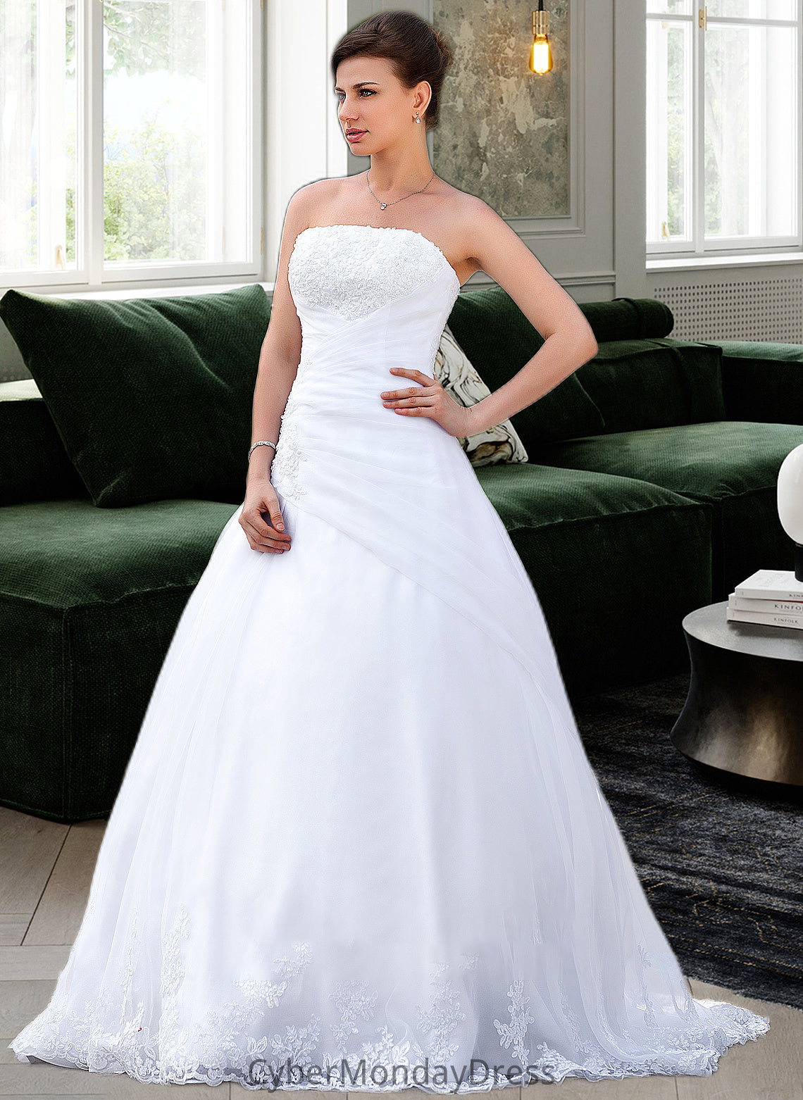 Shyanne Ball-Gown/Princess Strapless Chapel Train Satin Organza Wedding Dress With Lace Beading DTP0013796