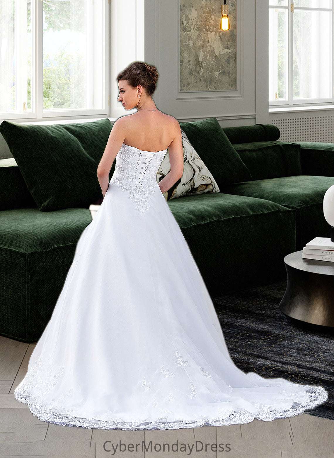 Shyanne Ball-Gown/Princess Strapless Chapel Train Satin Organza Wedding Dress With Lace Beading DTP0013796