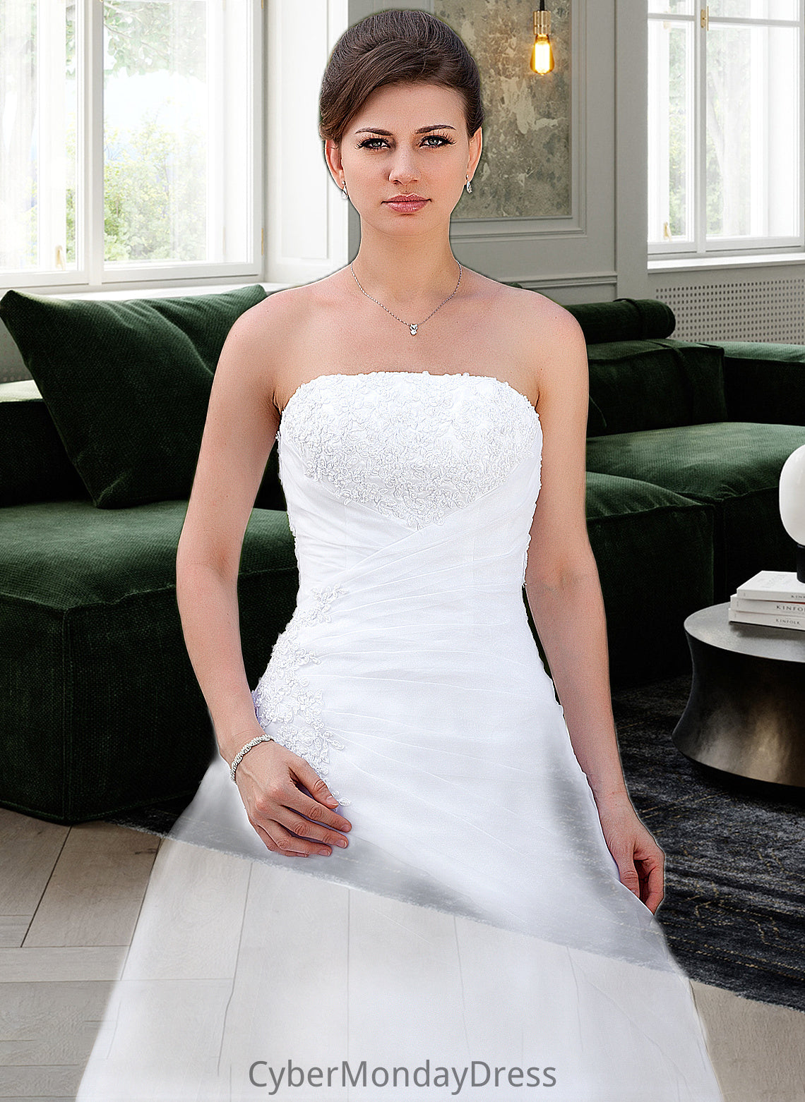 Shyanne Ball-Gown/Princess Strapless Chapel Train Satin Organza Wedding Dress With Lace Beading DTP0013796