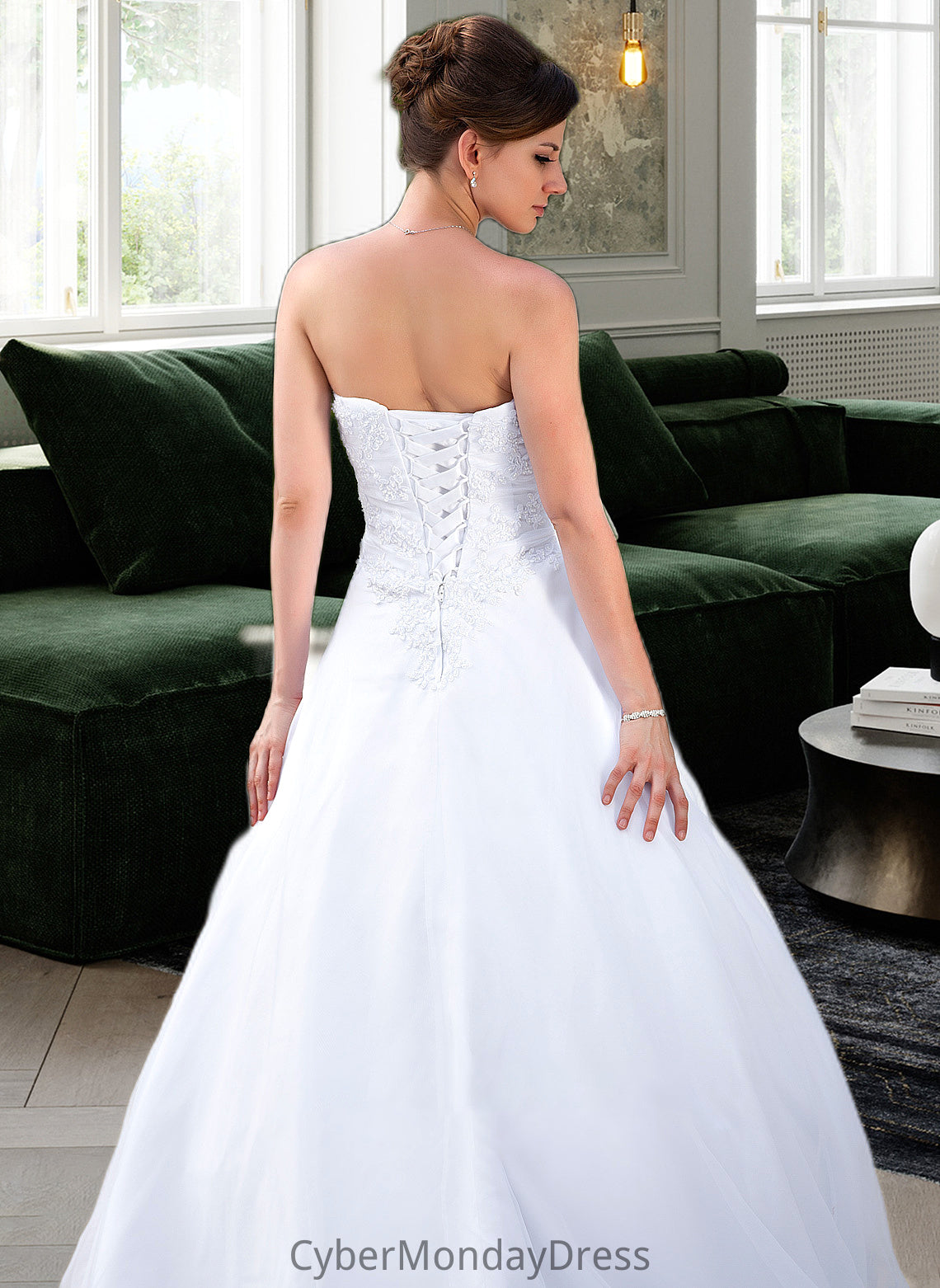 Shyanne Ball-Gown/Princess Strapless Chapel Train Satin Organza Wedding Dress With Lace Beading DTP0013796