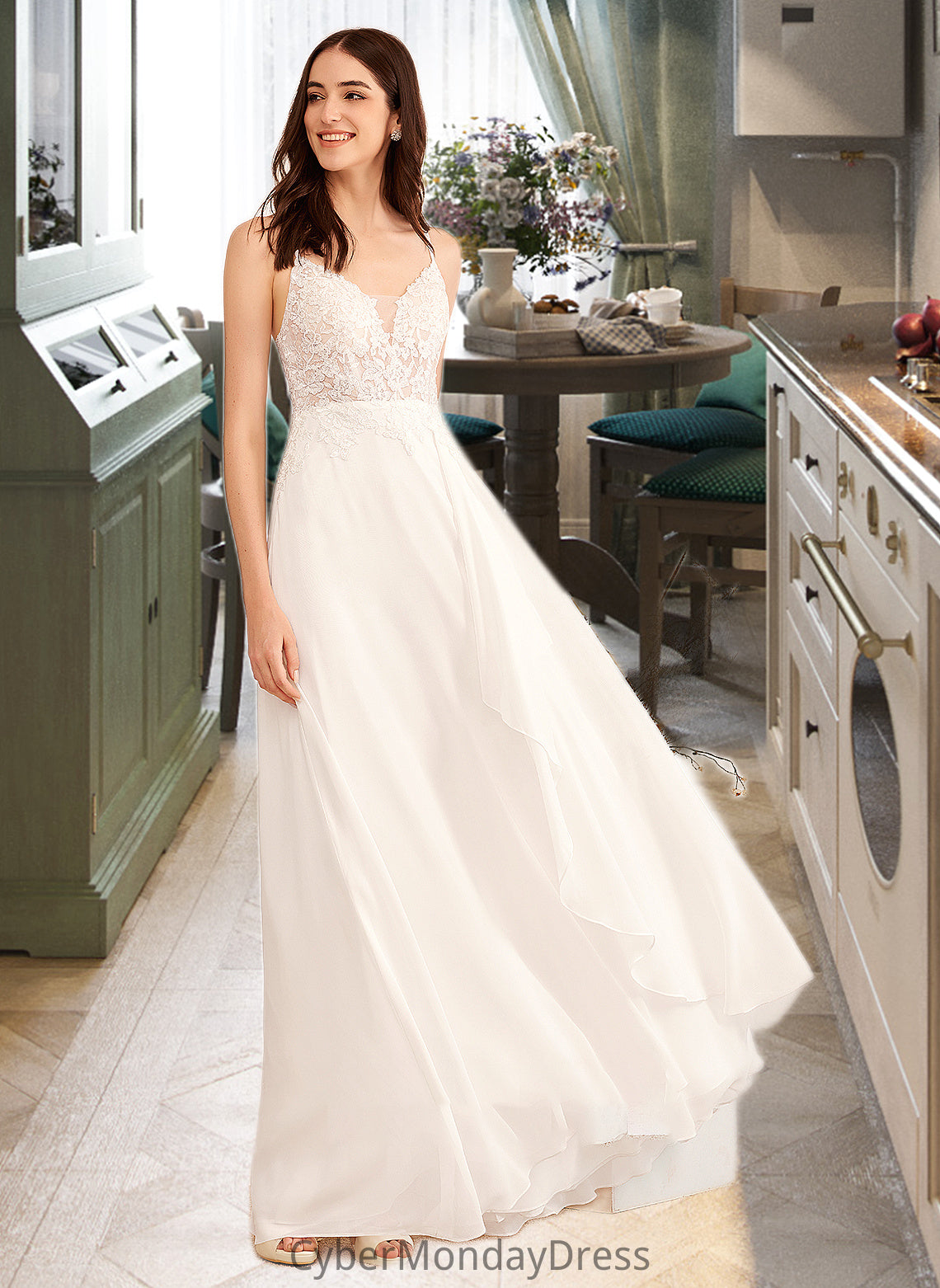 Jaycee A-Line V-neck Floor-Length Wedding Dress With Sequins DTP0013797