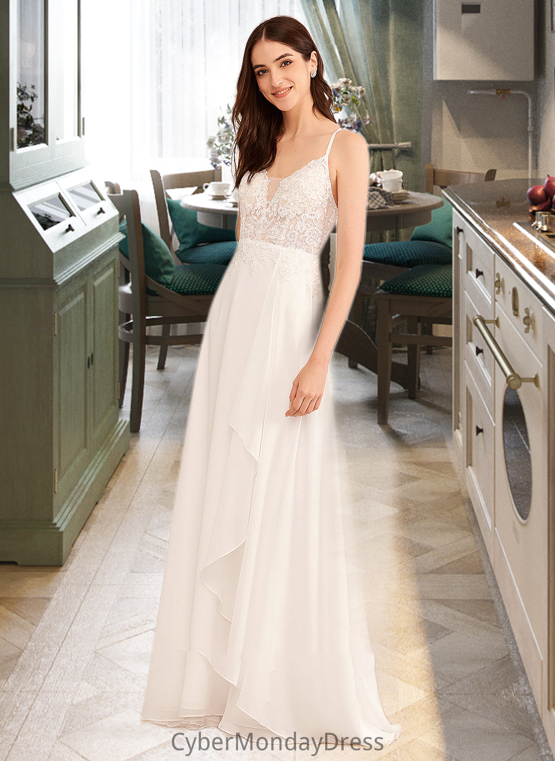 Jaycee A-Line V-neck Floor-Length Wedding Dress With Sequins DTP0013797