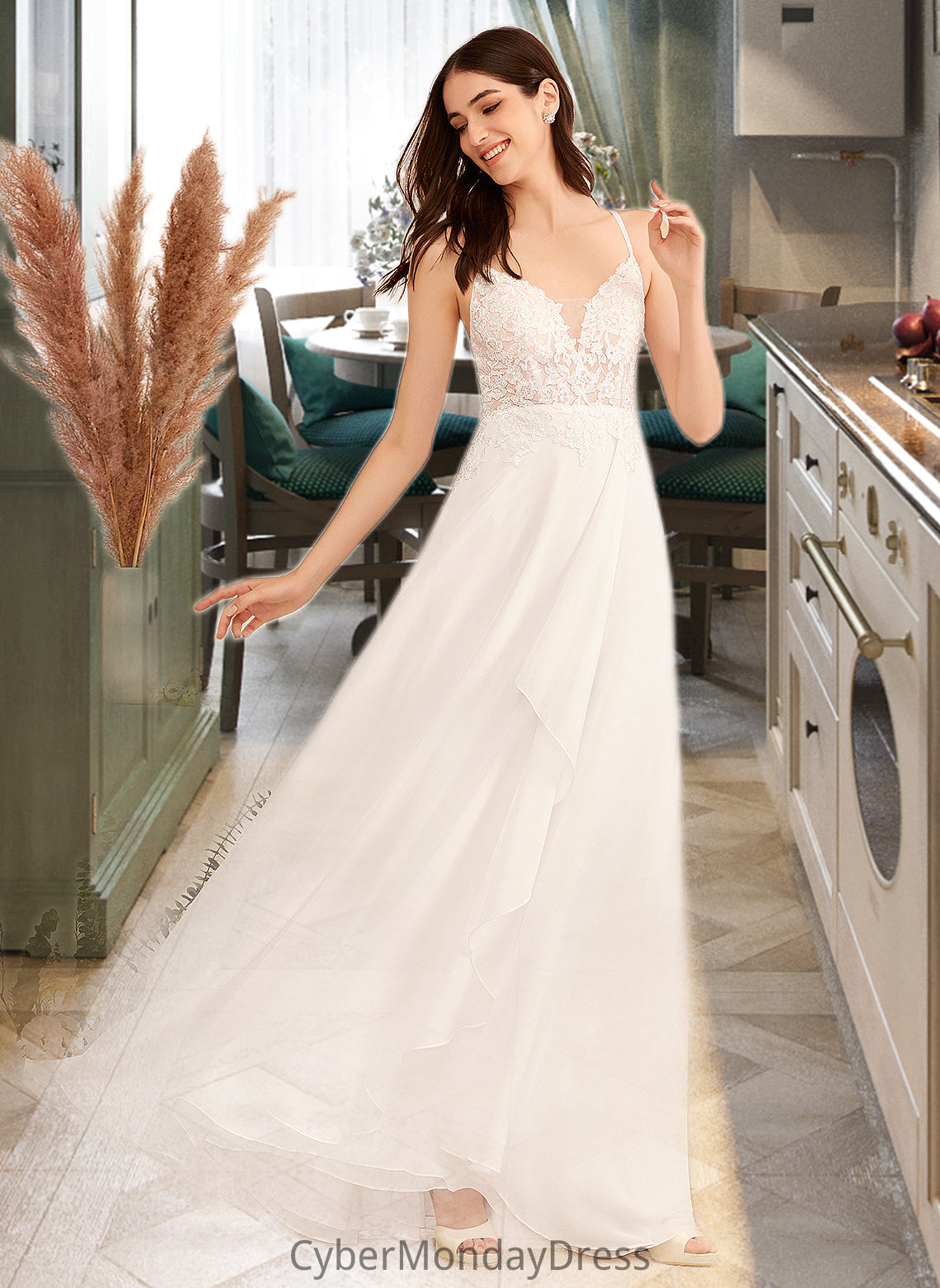 Jaycee A-Line V-neck Floor-Length Wedding Dress With Sequins DTP0013797