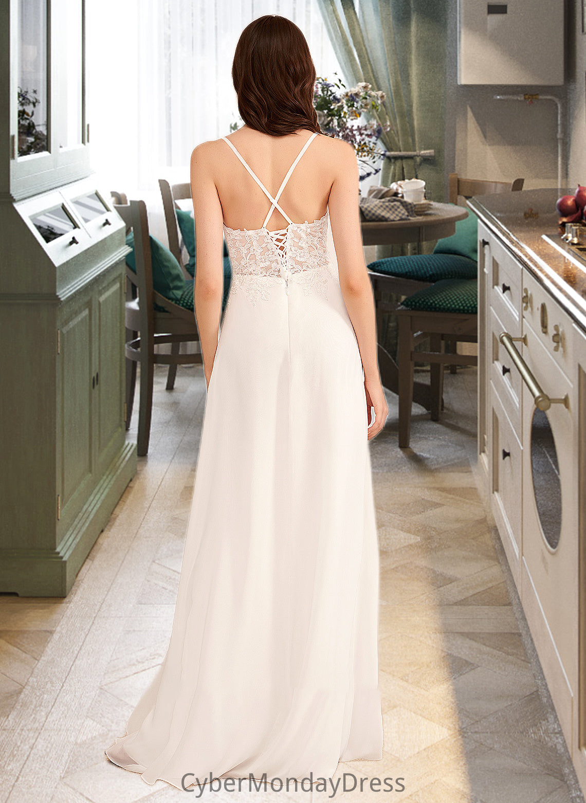 Jaycee A-Line V-neck Floor-Length Wedding Dress With Sequins DTP0013797